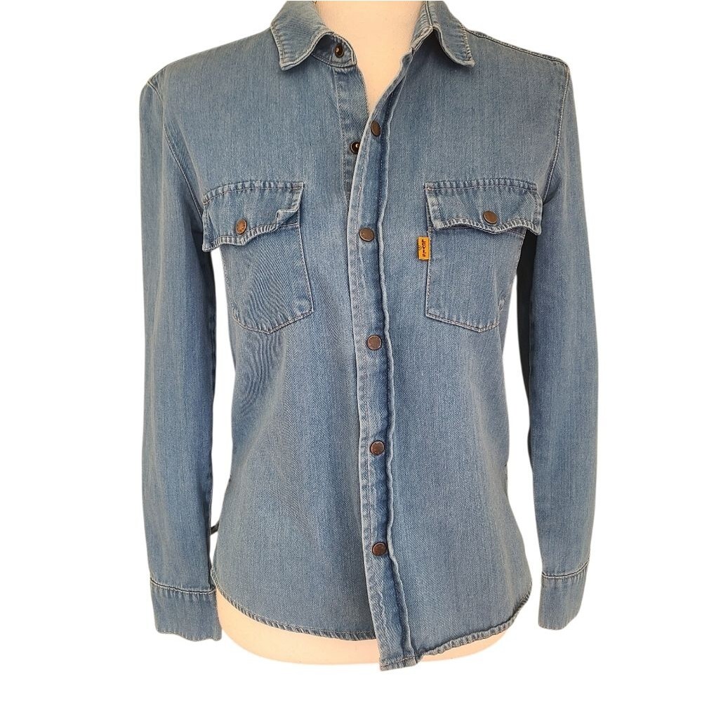 vintage levi's (90s) orange tab snap closure denim workshirt made in USA size XS